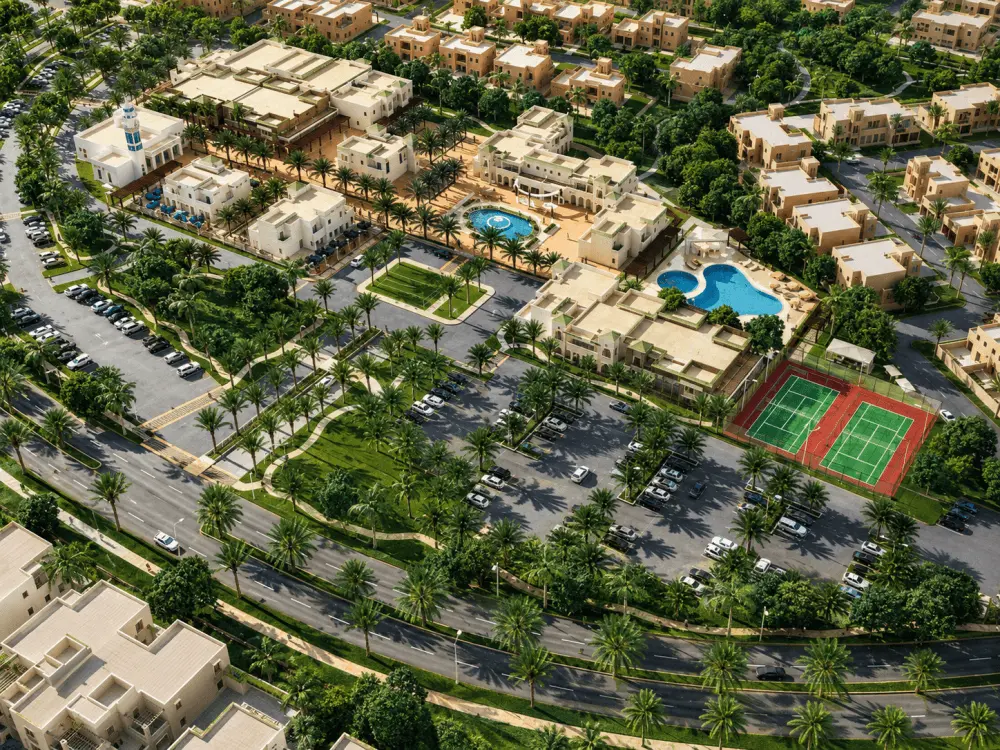 Aerial view of community pools, tennis courts and villas in Al Furjan, Dubai