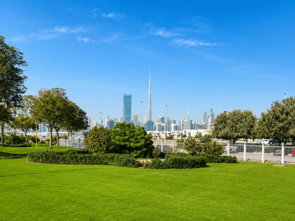 Green park with Burj Khalifa and the Dubai skyline in the distance