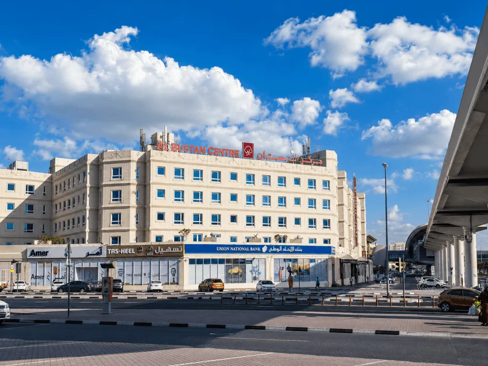Commercial and medical buildings beside the elevated metro in Al Qusais, Dubai