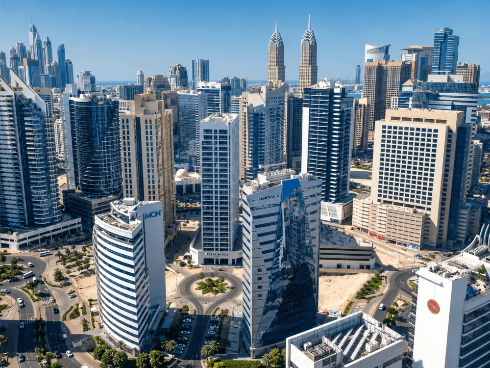 Aerial view of high-rise towers and streets in Barsha Heights, Dubai