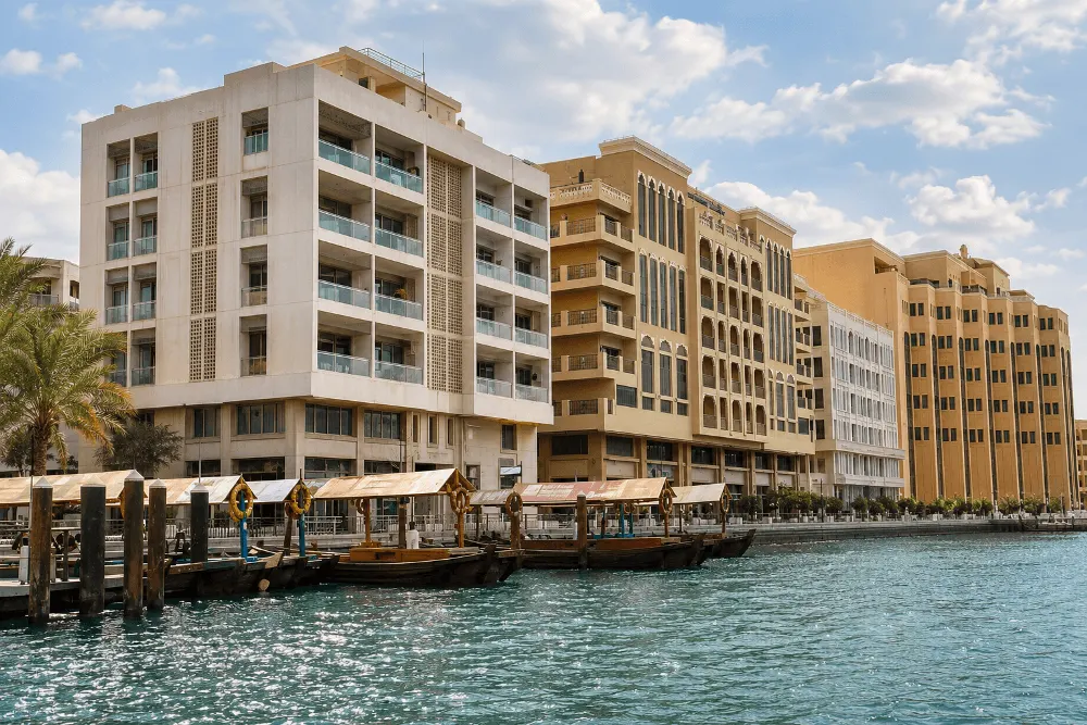 Waterfront buildings and traditional boats along Dubai Creek in Bur Dubai