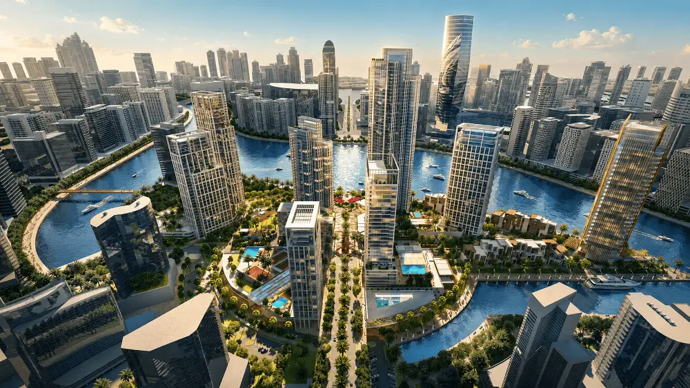 Business Bay skyline with canal-side residential and mixed-use towers