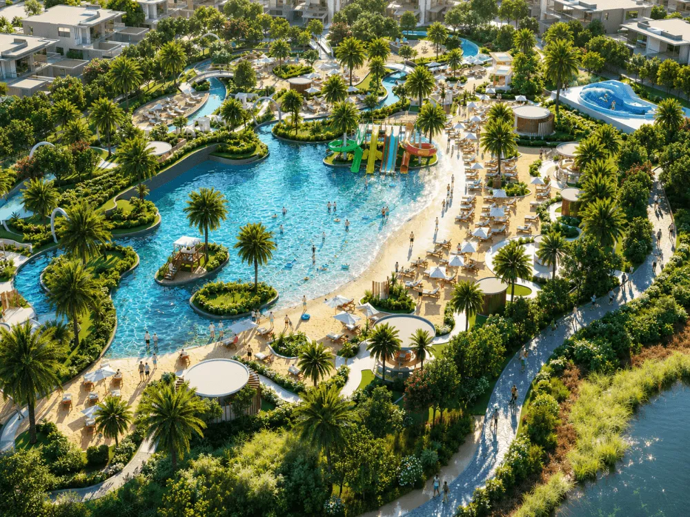 Lagoon pool surrounded by landscaped grounds in DAMAC Hills, Dubai