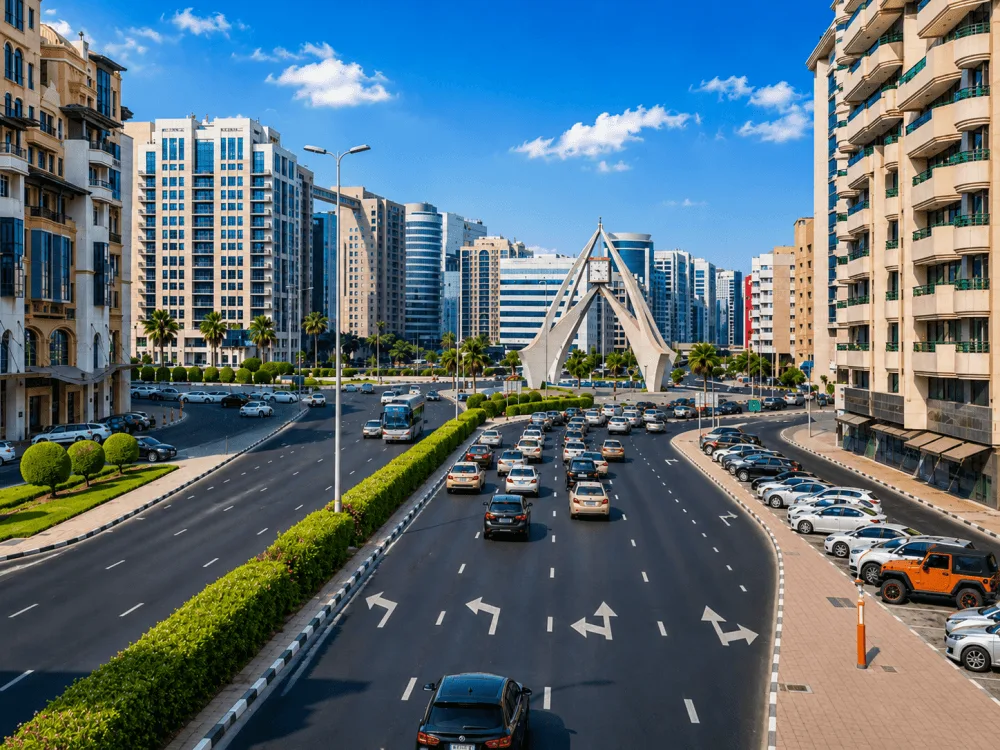 Deira Clocktower and high-rise buildings along a busy Dubai road