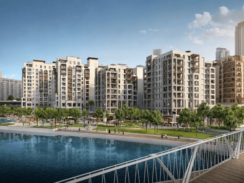 Waterfront apartment buildings and promenade at Dubai Creek Harbour