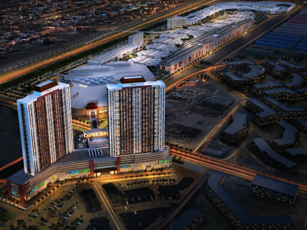 Aerial view of apartment buildings and roads in Dubai International City