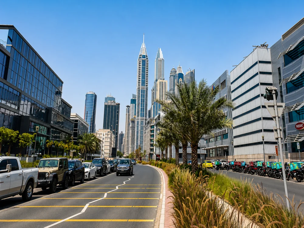 Dubai Internet City street with office buildings, palm trees and high-rise skyline.