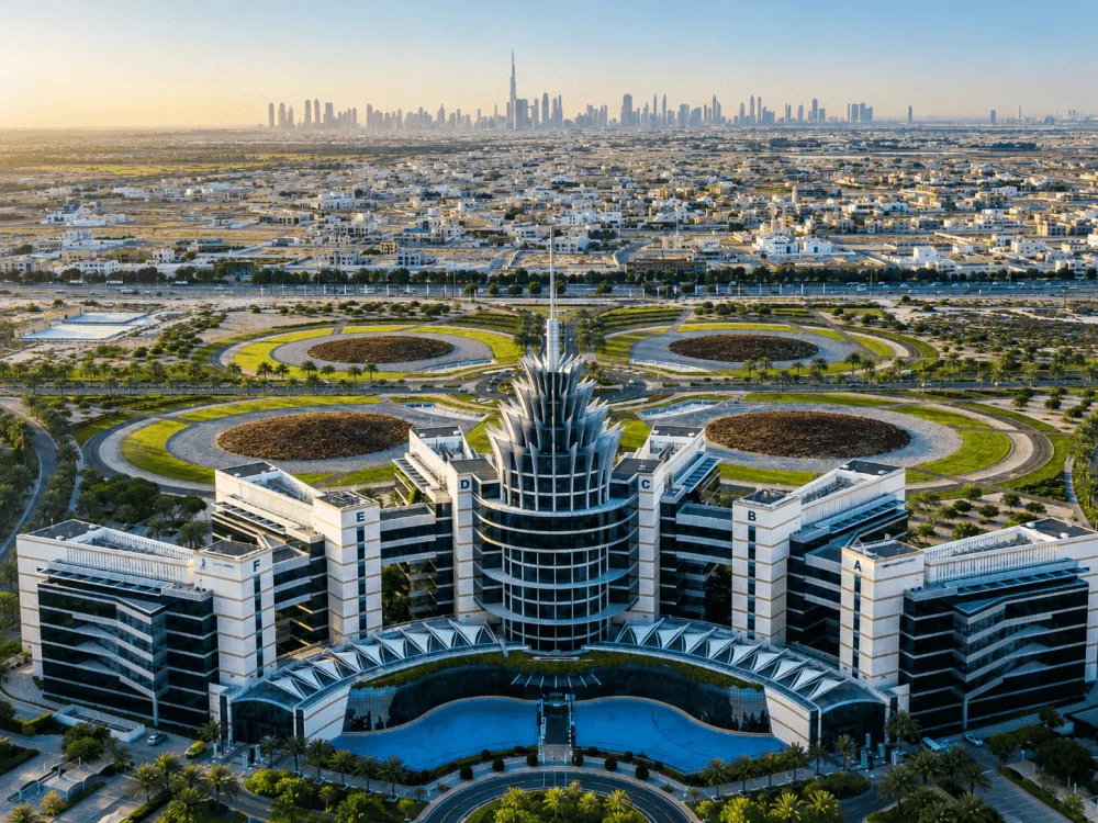 Aerial view of Dubai Silicon Oasis headquarters and the surrounding district