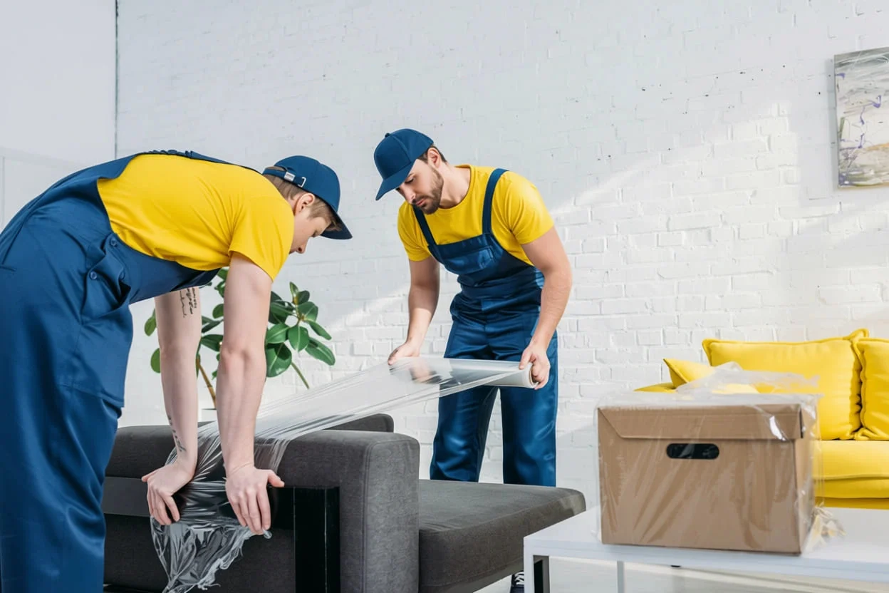 Movers wrapping a sofa before transport