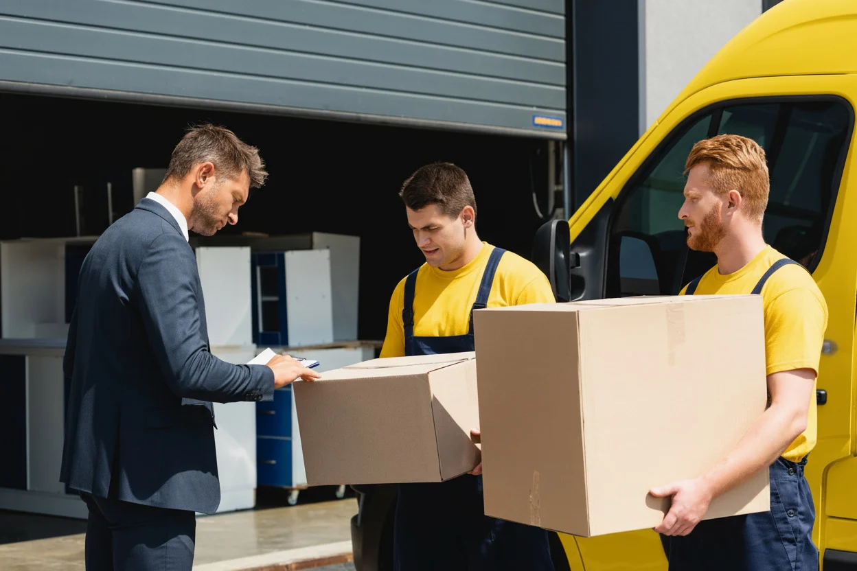 Customer confirming moving paperwork while movers carry packed boxes