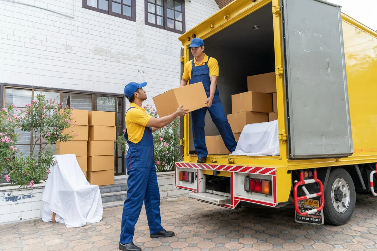 Two movers loading cardboard boxes into a yellow moving truck outside a building.