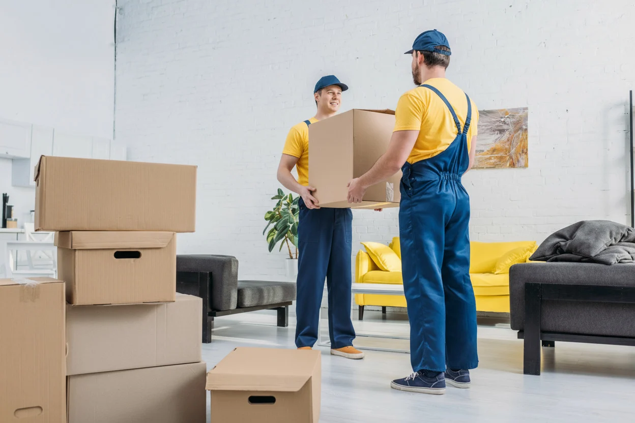 Movers carrying packed boxes through a furnished home