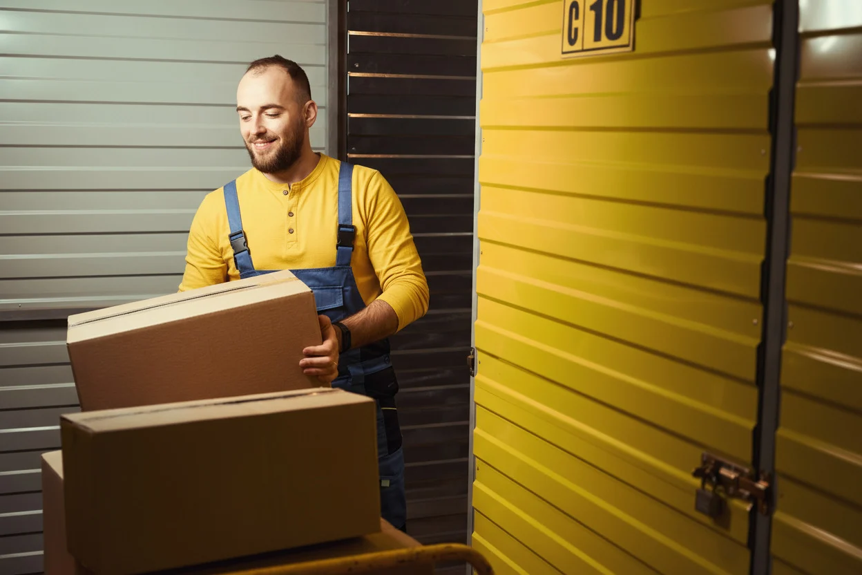 Mover carrying cardboard boxes into a warehouse unit.
