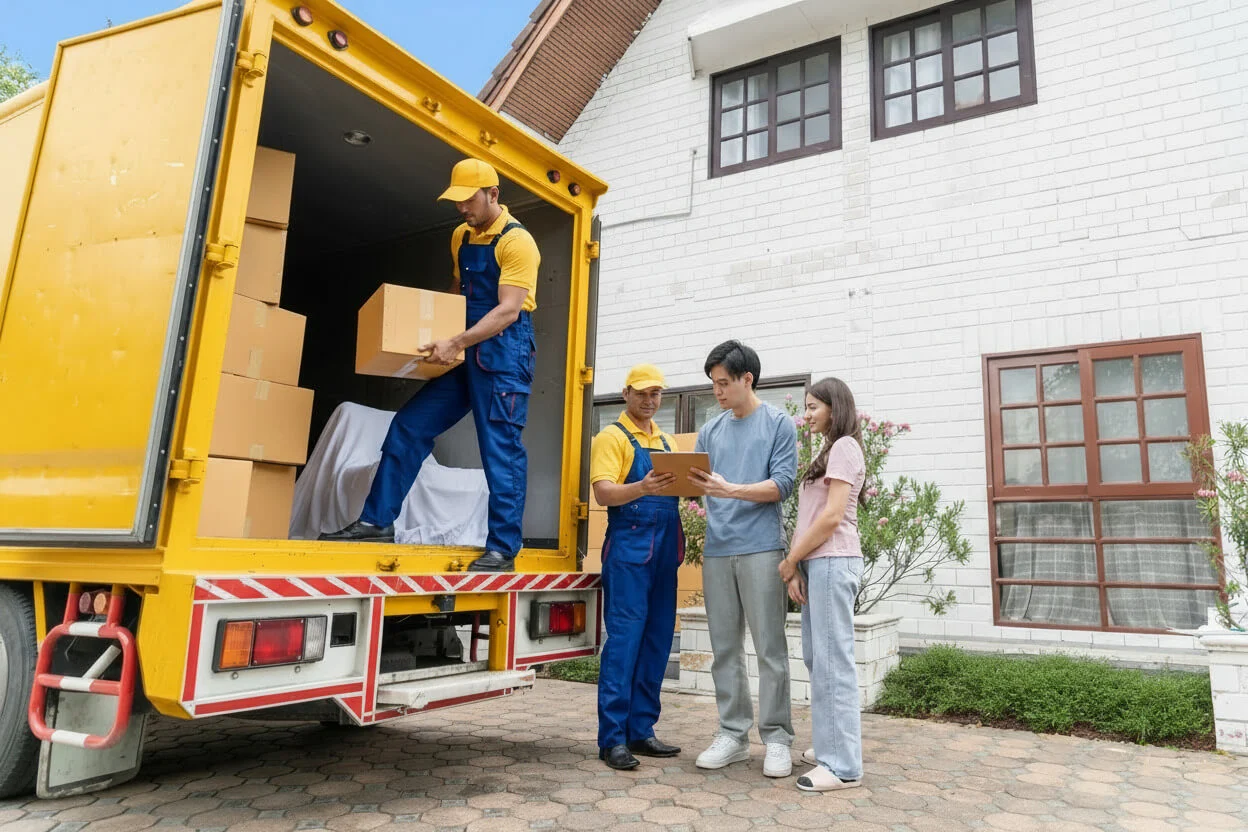 Villa movers unloading boxes from a moving truck while reviewing the move with homeowners.