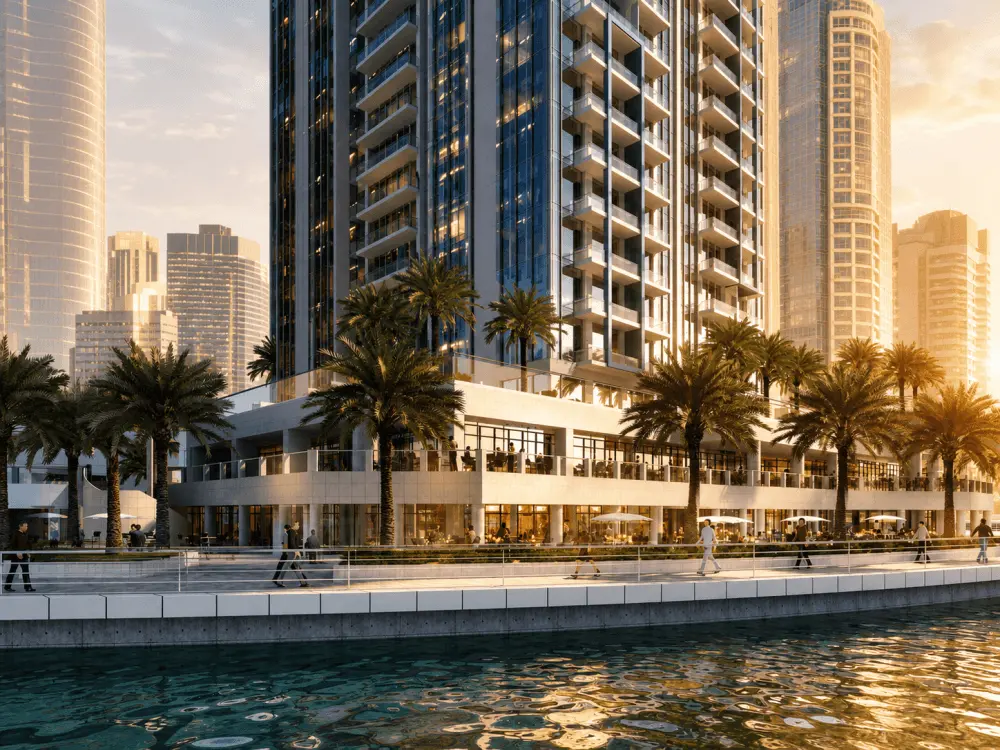 Waterfront high-rise apartments and palm-lined promenade in Jumeirah Lakes Towers
