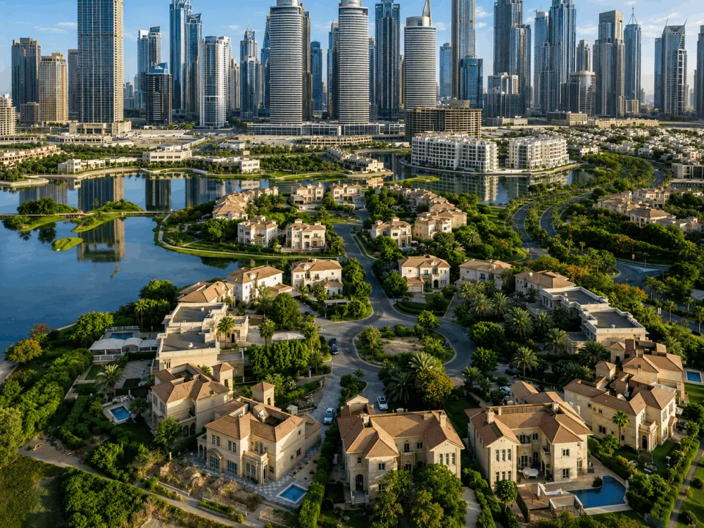 Aerial view of lakefront villas with JLT towers behind Jumeirah Islands