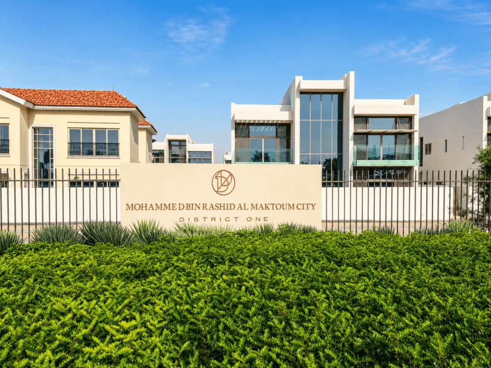 District One entrance and modern villas in Mohammed Bin Rashid City, Dubai