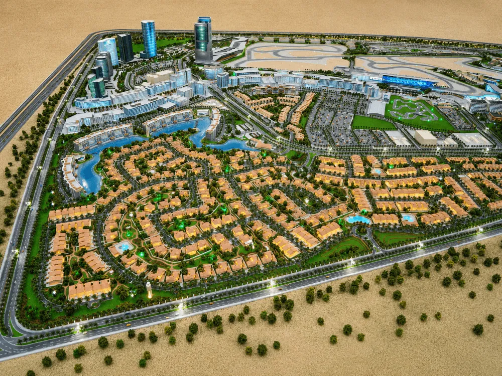 Aerial view of Dubai Motor City and the Dubai Autodrome