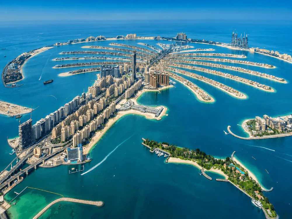 Aerial view of Palm Jumeirah island and waterfront residences in Dubai
