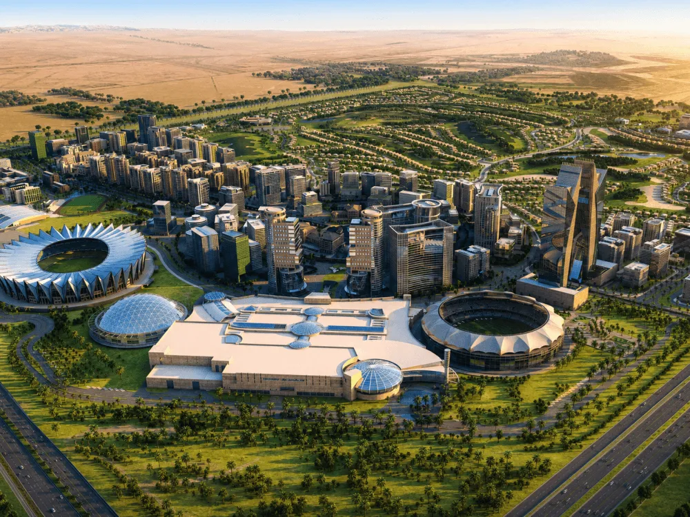 Aerial view of stadiums and residential districts in Dubai Sports City