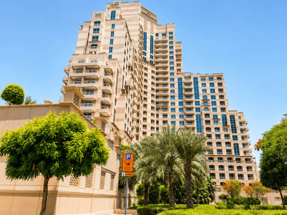 High-rise apartment buildings and landscaped streets in The Views, Dubai