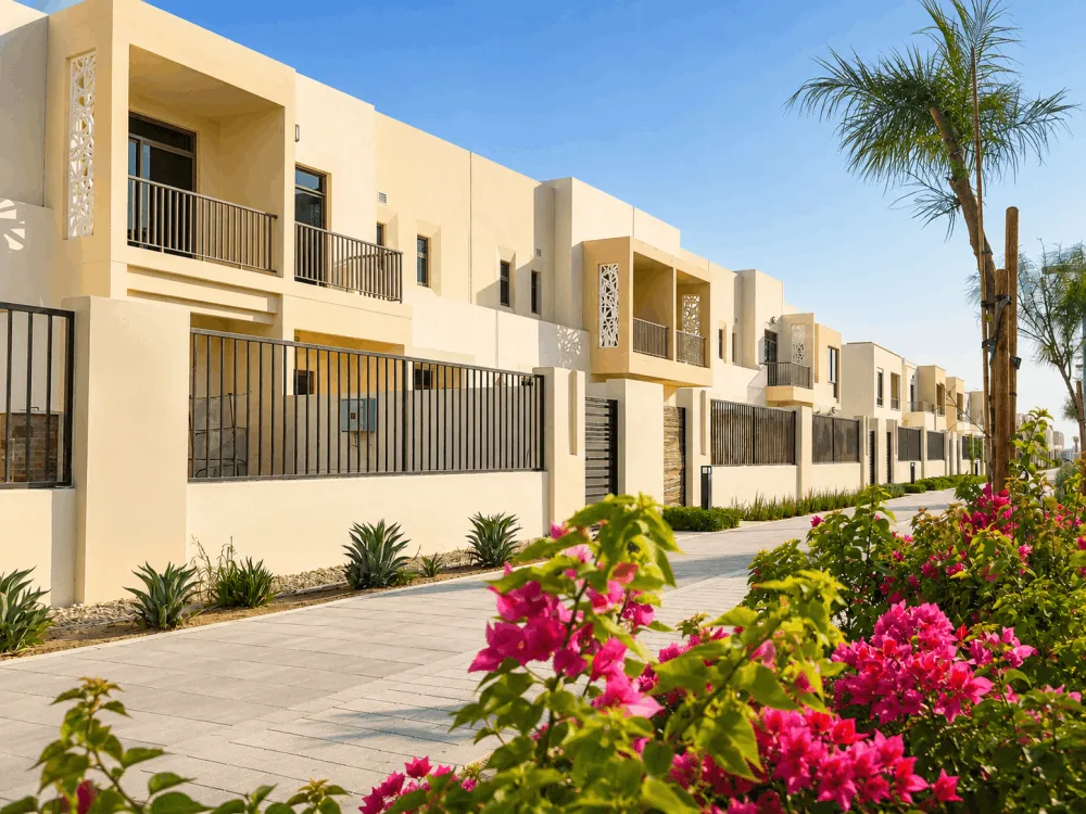 Row of modern townhouses with landscaped gardens in Town Square Dubai