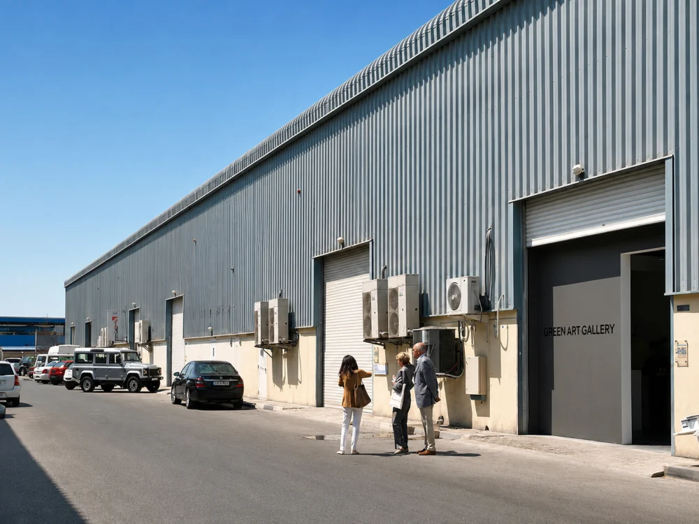 Warehouse units and gallery entrances along a service road in Al Quoz, Dubai.