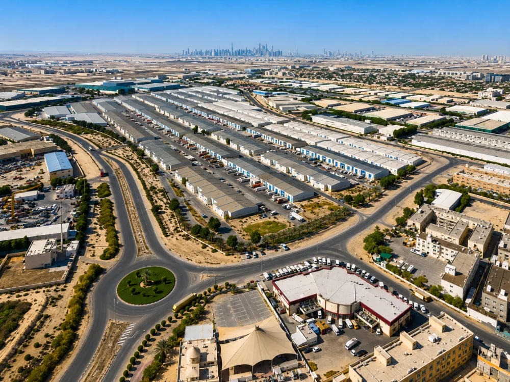 Aerial view of warehouses and industrial facilities in Dubai Investment Park.